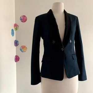 EXPRESS dark teal slim blazer with black collar and pocket detail